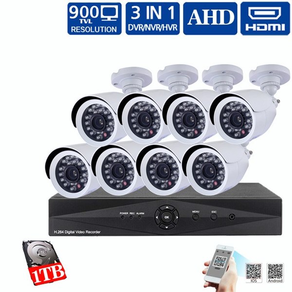 מערכת 8 מצלמות אבטחה לעסק או לבית 2.0 מגה פיקסל כולל DVR בעל זיכרון 1 טרה במבצע מהיבואן!!!